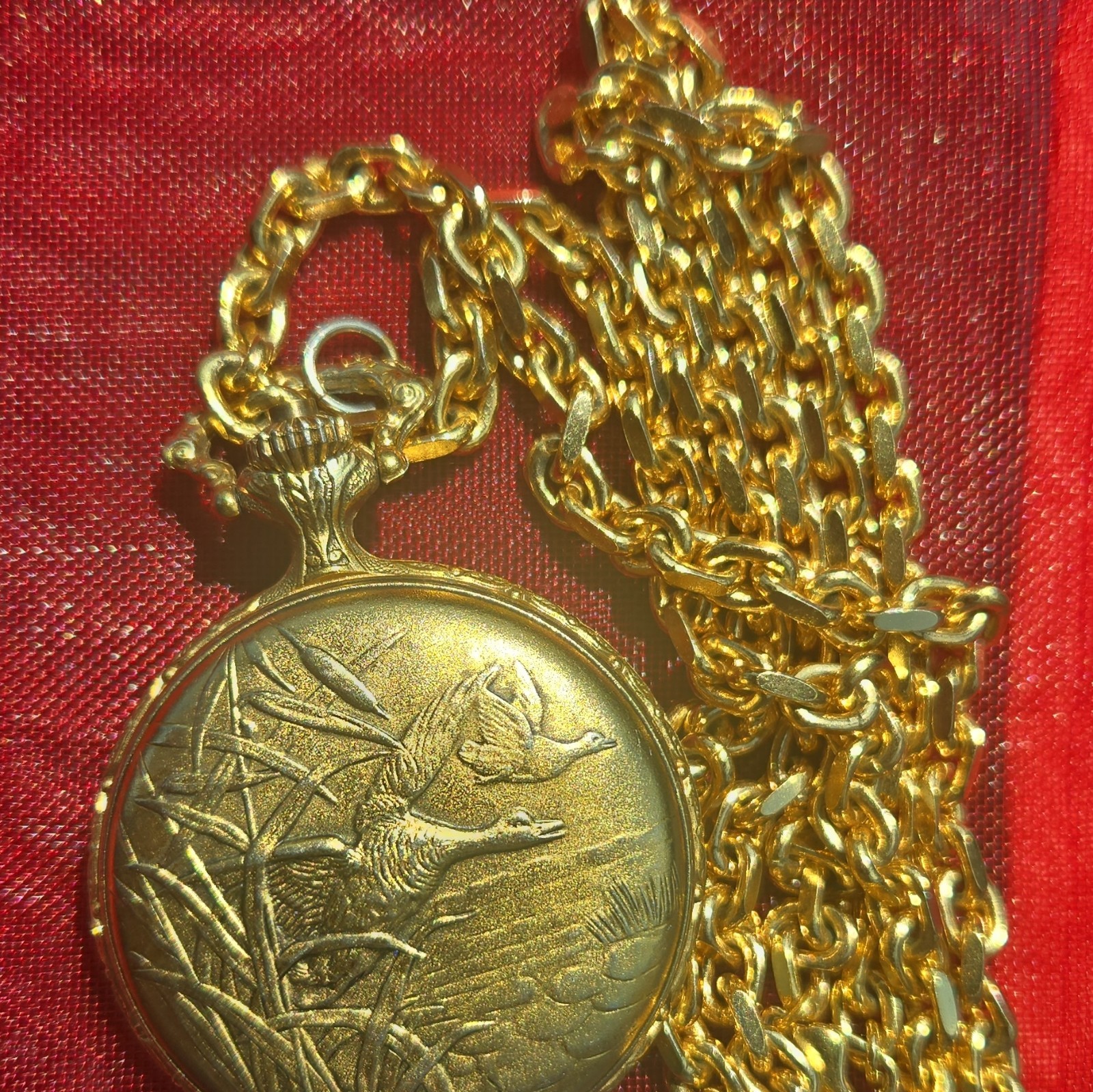 JCPenney Pocket Watch Gold Plated Full Hunter Quartz w/ Chain Duck Scene