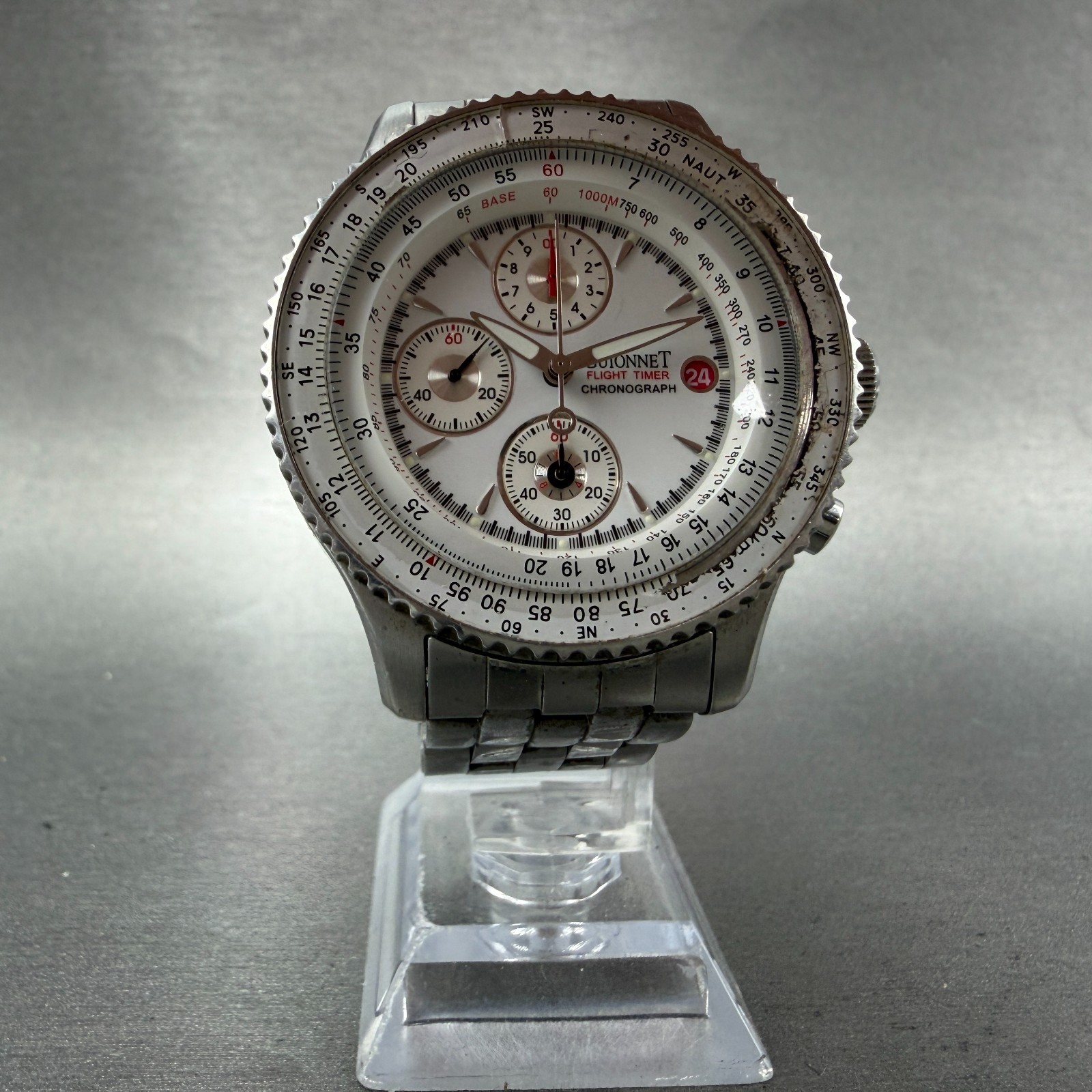 Guionnet Flight Timer Chronograph Watch Men 42mm White Dial Steel Date New BattA