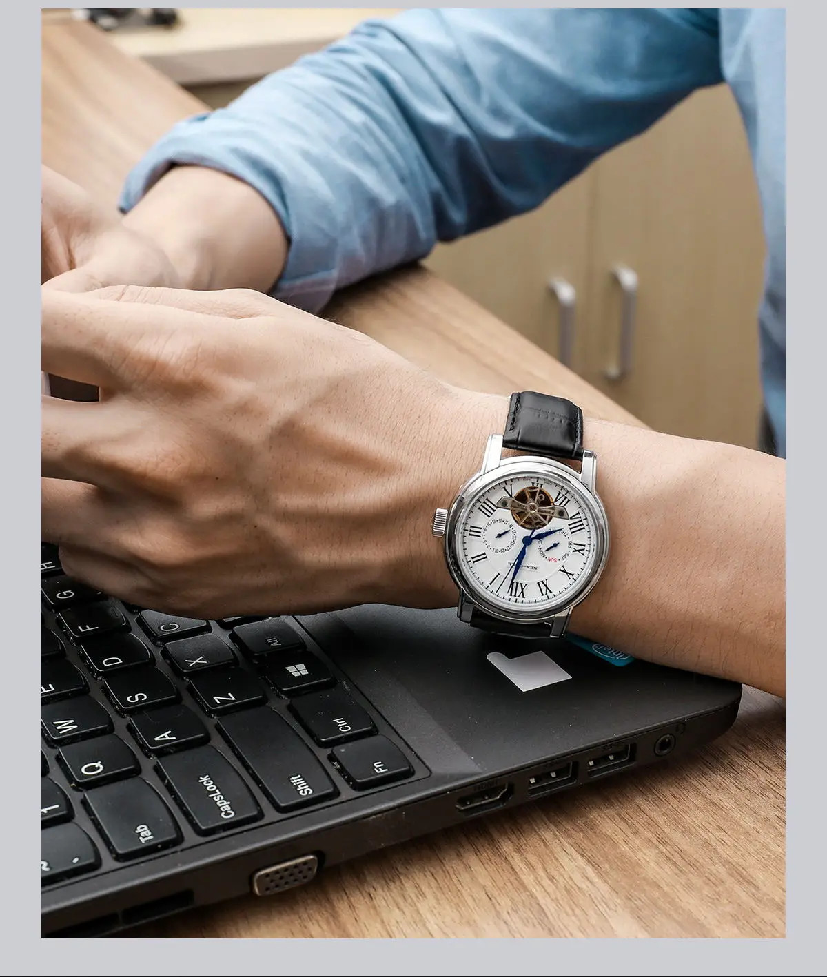 Seagull Automatic Skeleton Watch — Open Heart Mechanical, Leather, Slate & Crown