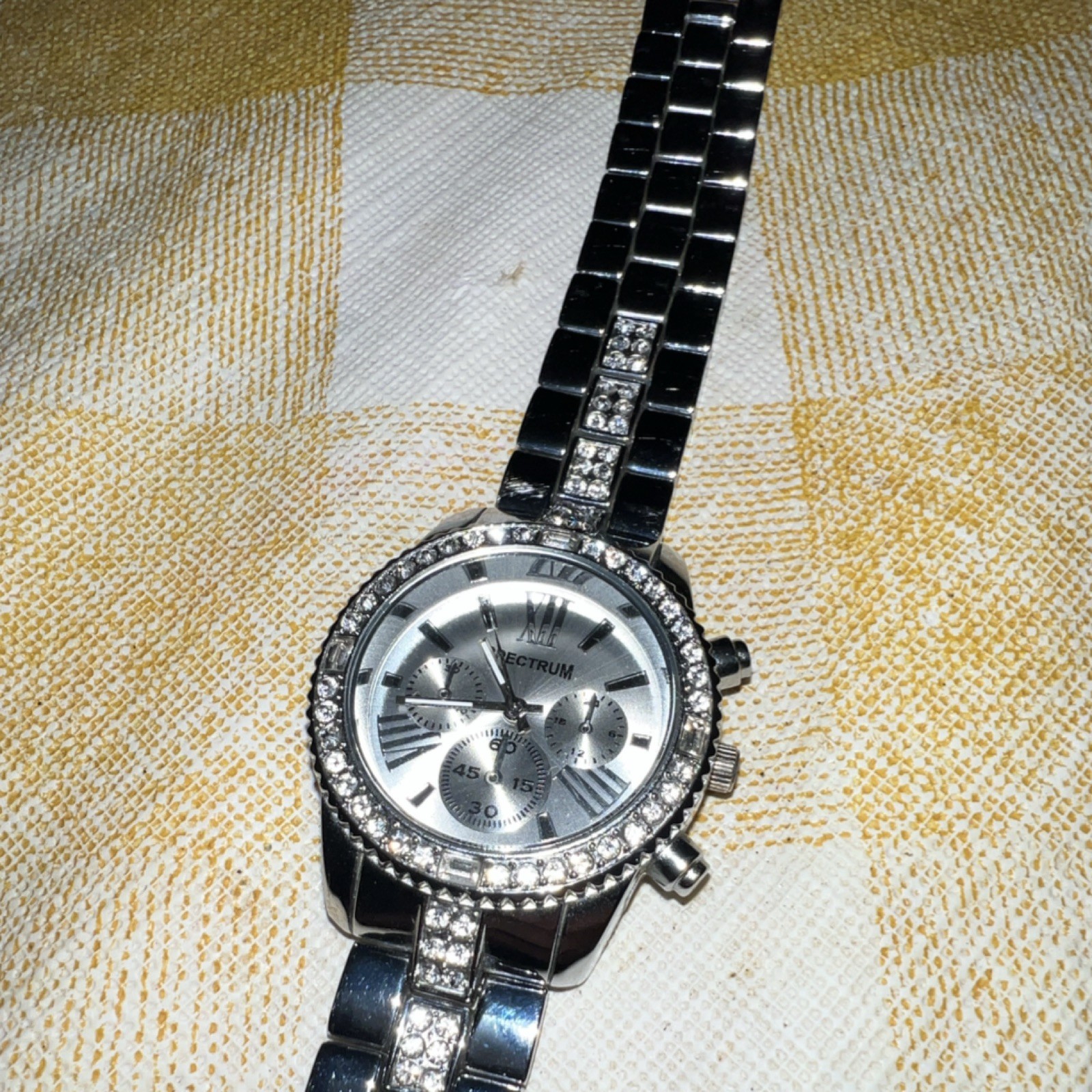 Spectrum Silver Round Analog Multi-Dial Wristwatch with Gem-Set Bezel
