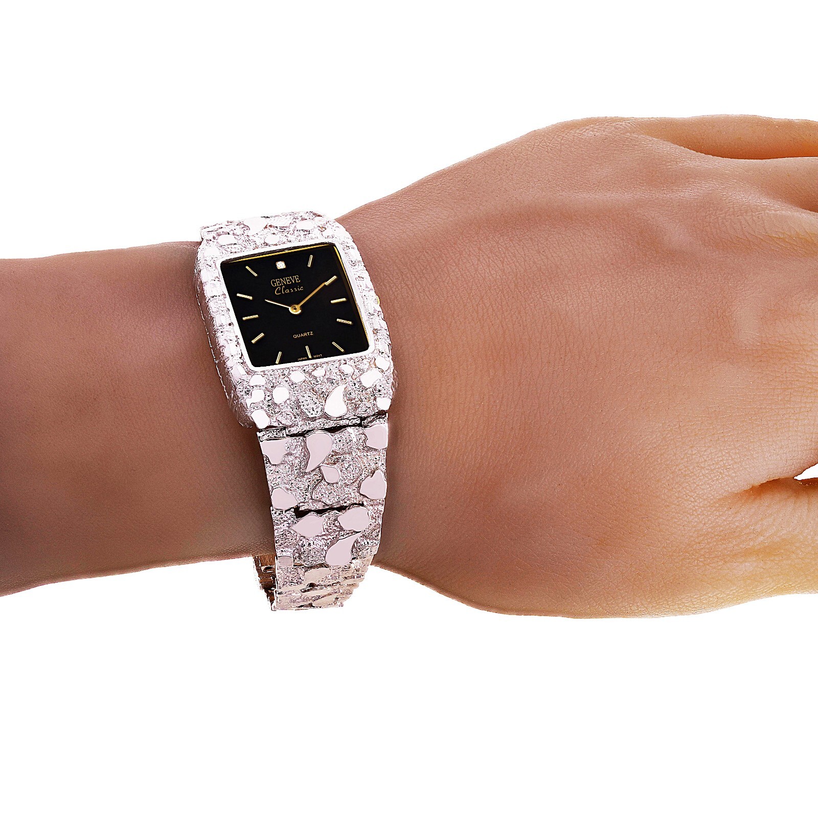 925 Sterling Silver Nugget Link Watch Bracelet Geneve with Diamond 7.5-8″ 47gram