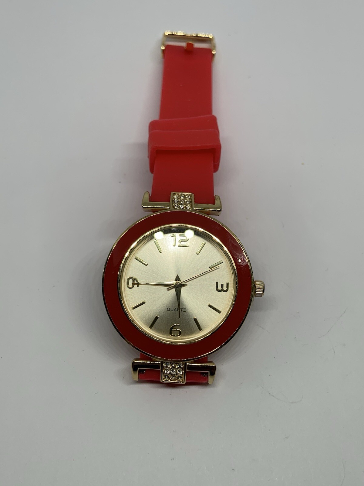 Gold Tone Red With Clear Rhinestones Ladies Fashion Watch