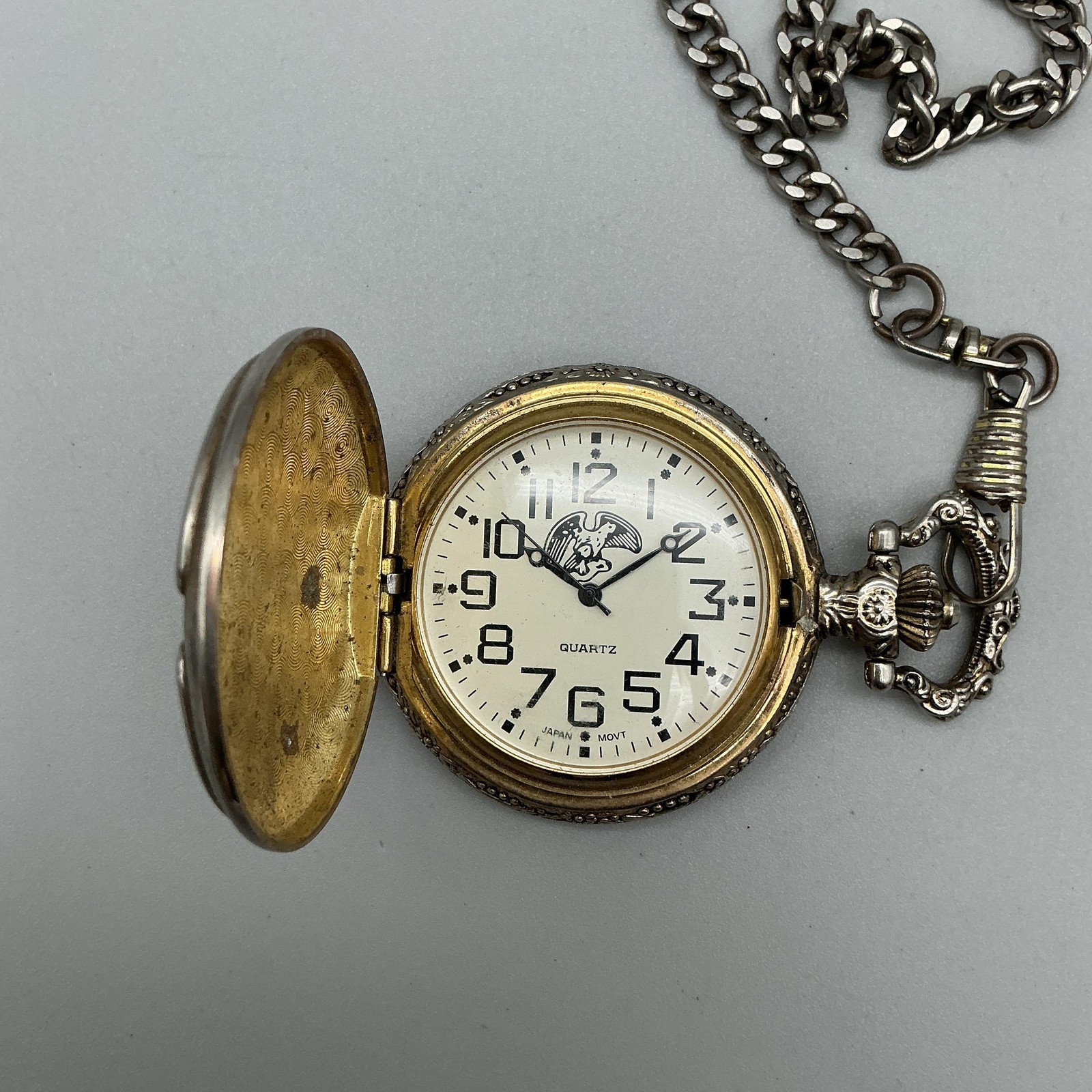 Eagle Pocket Watch Men 47mm Silver Gold Tone Full Hunter Chain New Battery