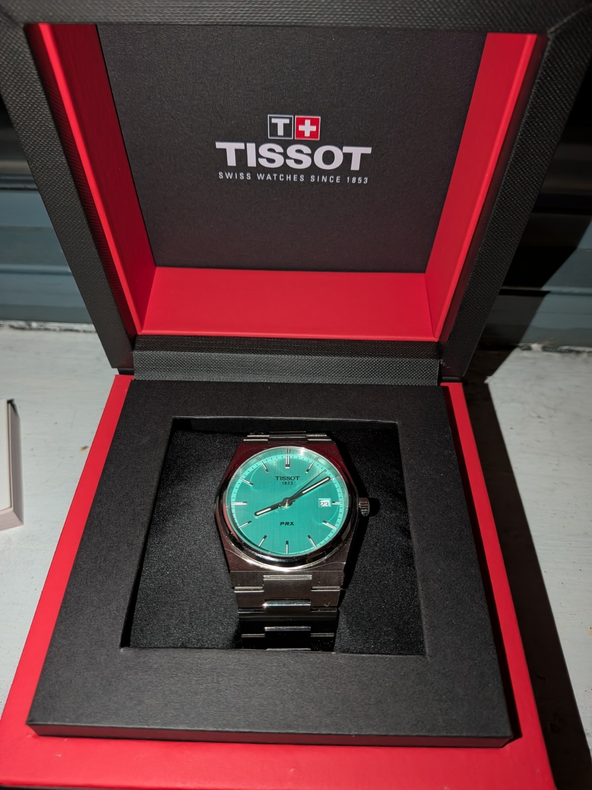 Tissot PRX Men’s Quartz 40mm Light Green Dial Steel Bracelet Swiss Made Date Box