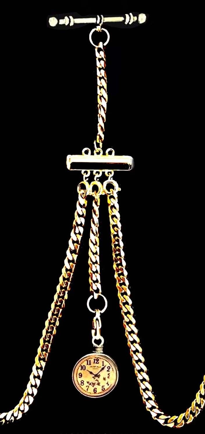 Gold Plated Pocket Watch Albert Victorian Chain With Spring Ring Clasp & Swivel