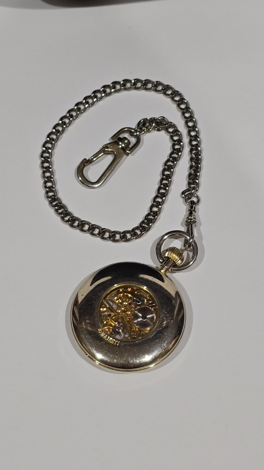 Majesti Open Face Skeleton Pocket Watch Gold Dial Roman Numerals Chain