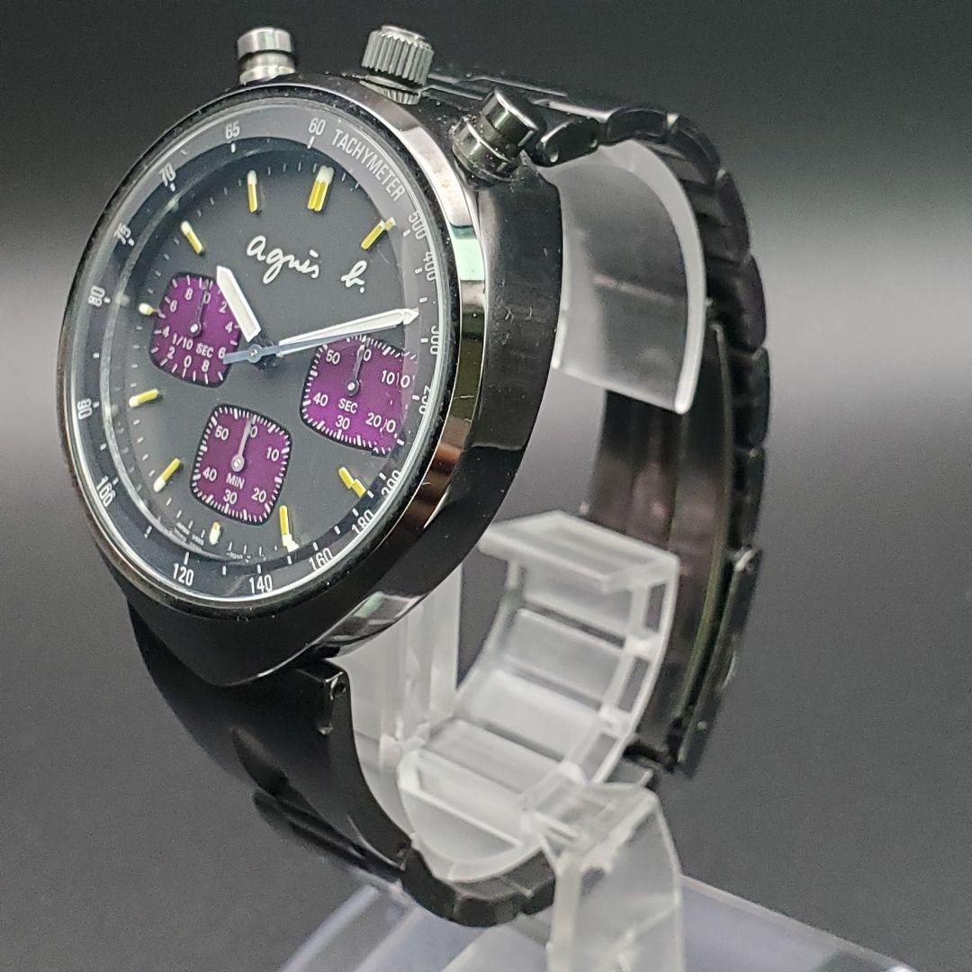 Agnes b V655-7010 Quartz Chronograph Watch 37.8mm Black Case Purple Dial