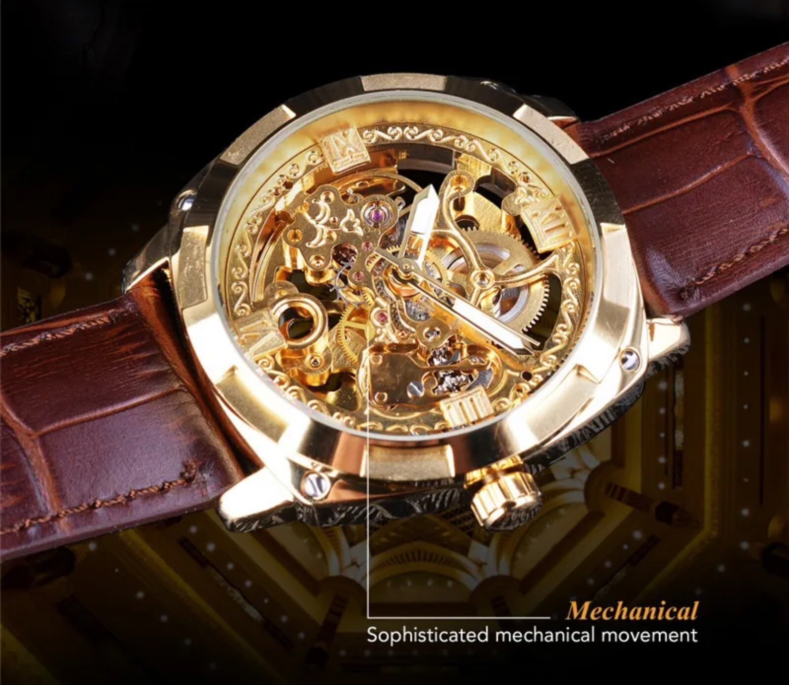 Forsining Mens Skeleton Mechanical Waterproof Luxury Watch Leather Gift Idea