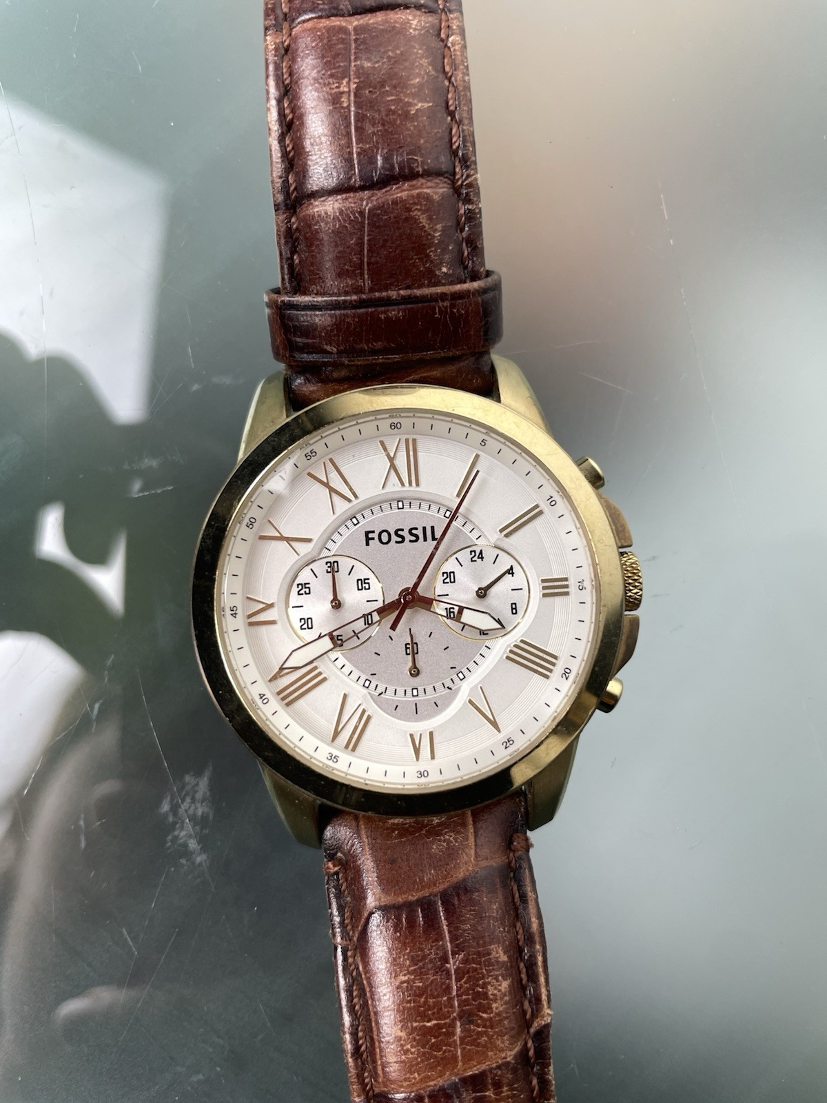 Fossil Grant Chronograph Gold Watch White Bezel Brown Croc Gator Leather Strap