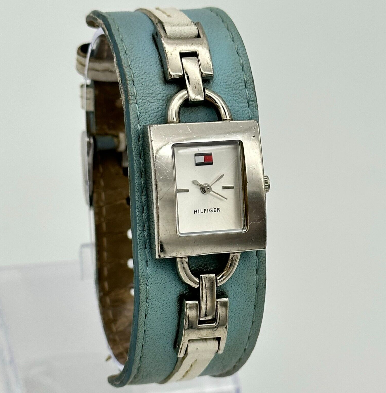 Ladies TOMMY HILFIGER Stainless Steel Blue/White Leather Cuff Band Watch, Runs