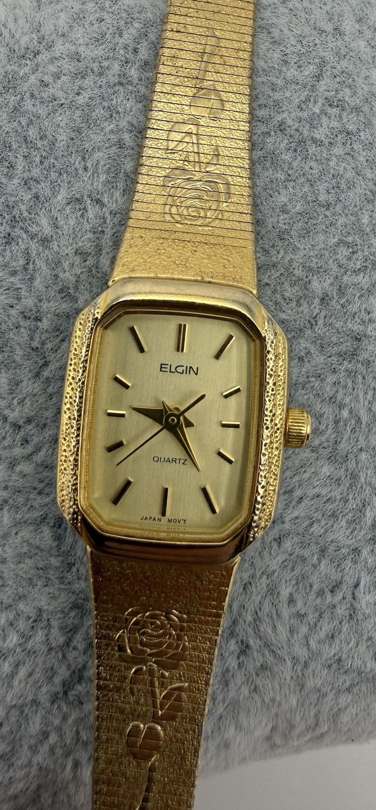 Womens Elgin Quartz Gold Tone Rectangle Case Metal Bangle Analog Floral Watch