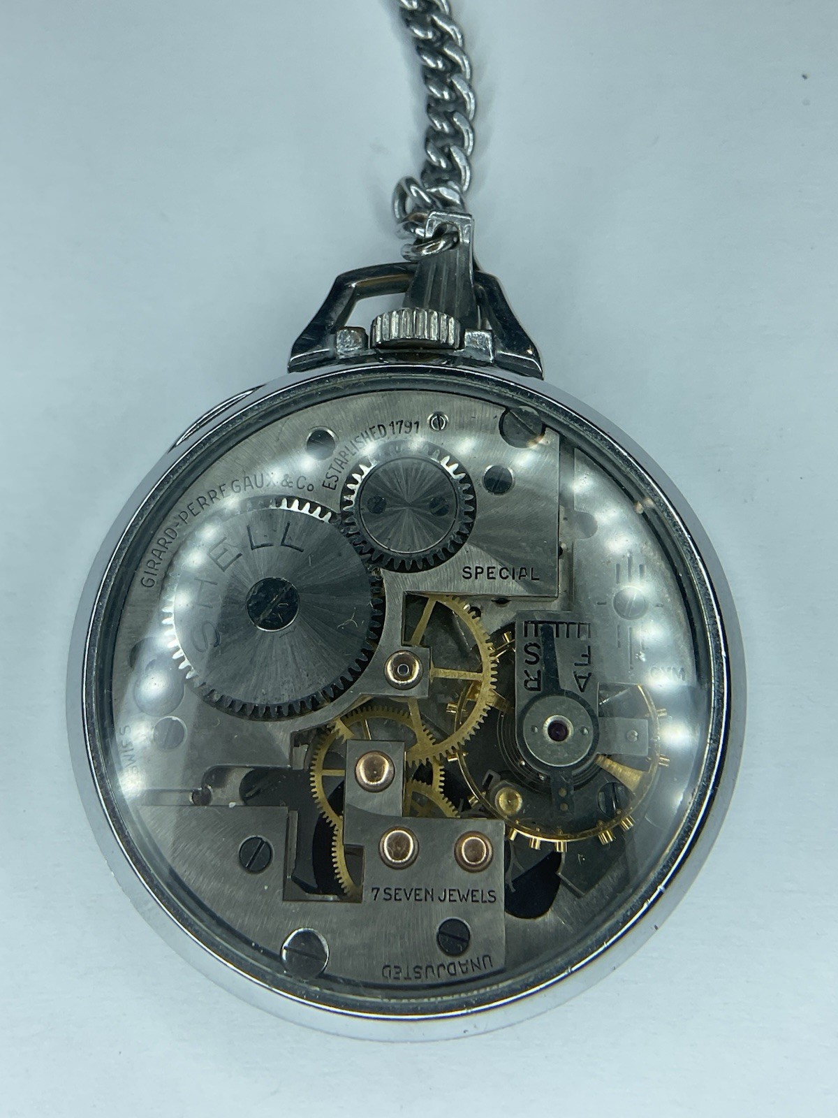 Girrard-Perregaux Skeleton Pocket Watch w/ Chain Black Dial Roman Numerals