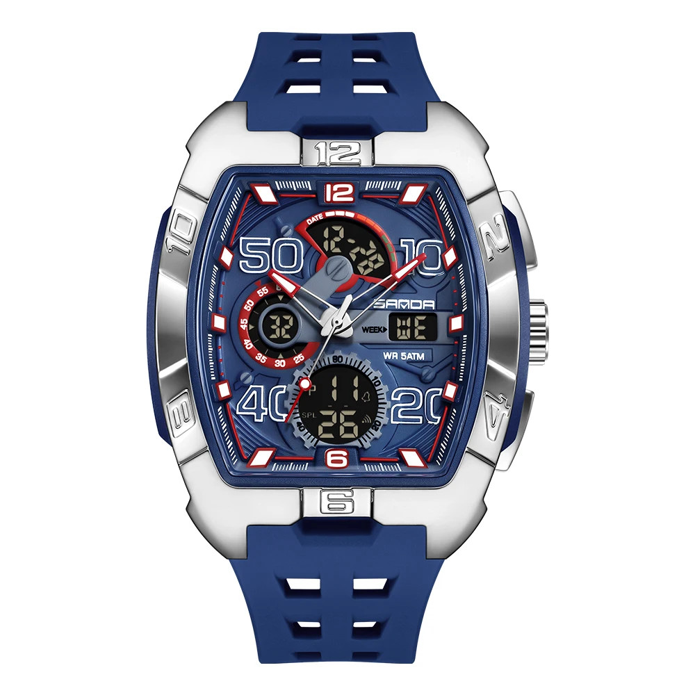 SANDA Fashion Men’S Dual Display Sport Digital Watch TPU Large Dial Luminous Chr
