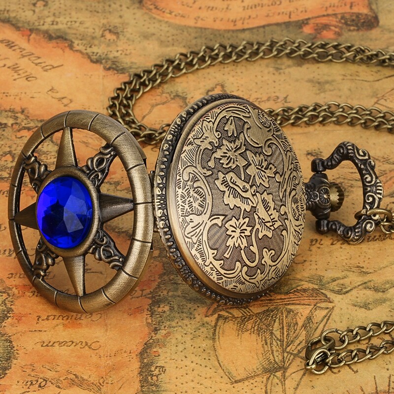 Steampunk Bronze Quartz Pocket Watch with Stone Decoration Chain Women Men Gifts