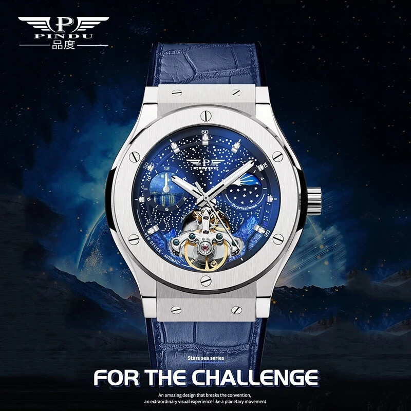 PINDU Design 6537 Men’s Automatic Mechanical Moonphase Leather Watch Waterproof