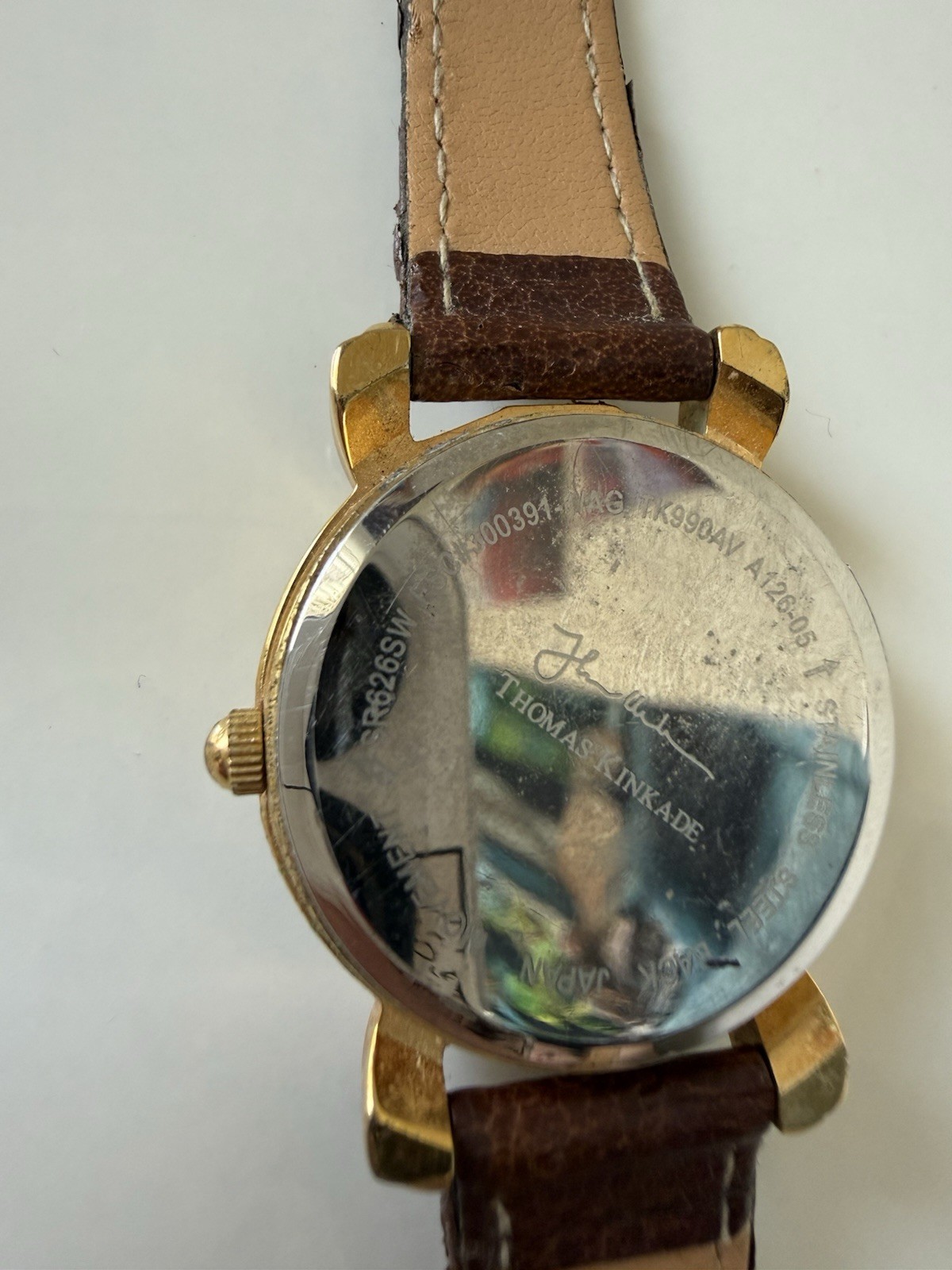 Thomas Kinkade Gold Tone Analog Quartz Watch Brown Leather Band Lighthouse Theme