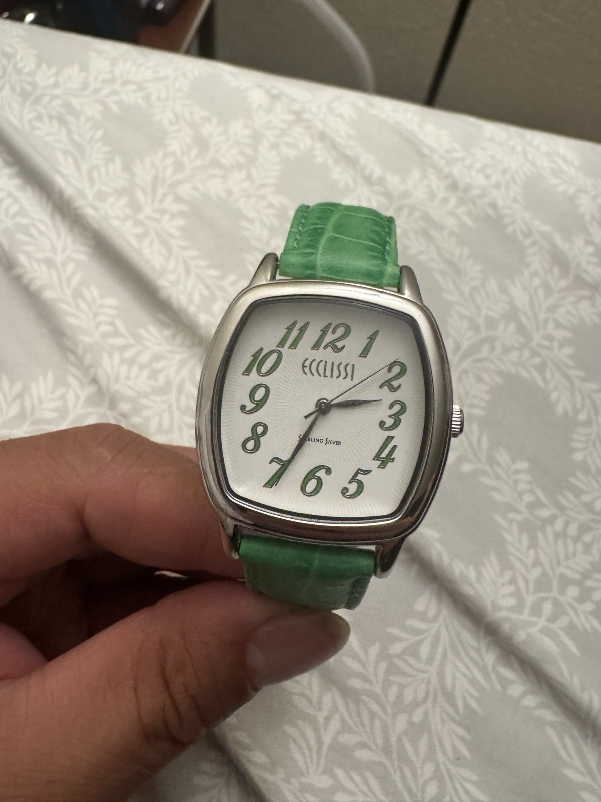 Ecclissi Sterling Silver Lime Green Alligator Crocodile Design Leather Band