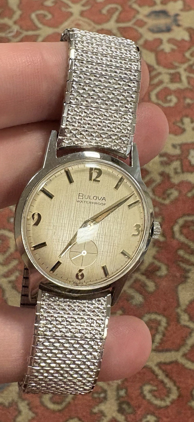 Bulova Surf King Watch linen dial ~keeps great time~32 mm 17j 11AL 10kt GF band