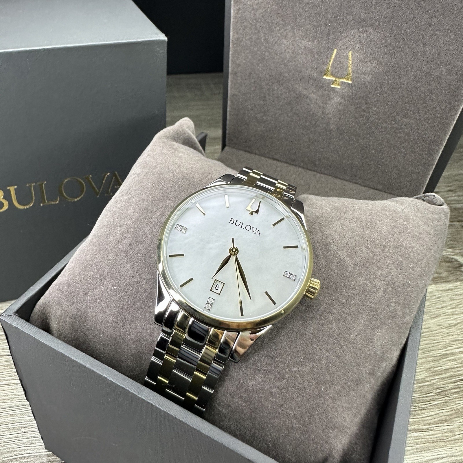 NEW✅DIAMONDS✅ Bulova Classic Two-Tone Mother Pearl Date Womens Watch 36MM 98P201