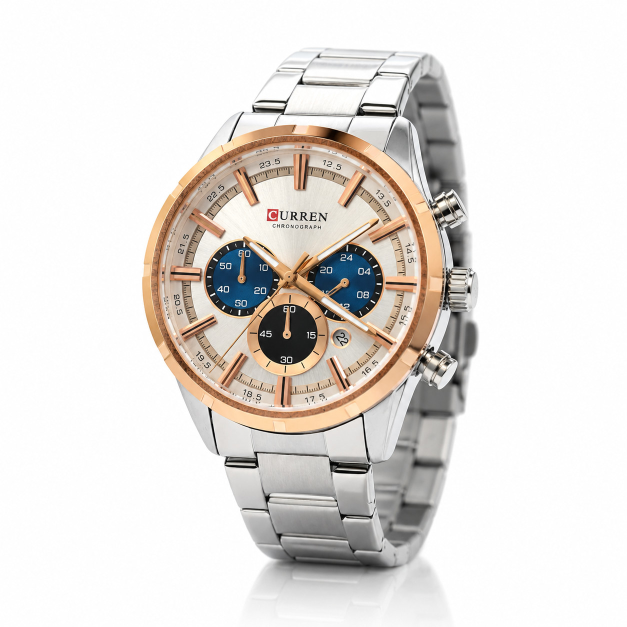 CURREN Chronograph Watch Men’s Silver Rose Gold Stainless Steel 47mm