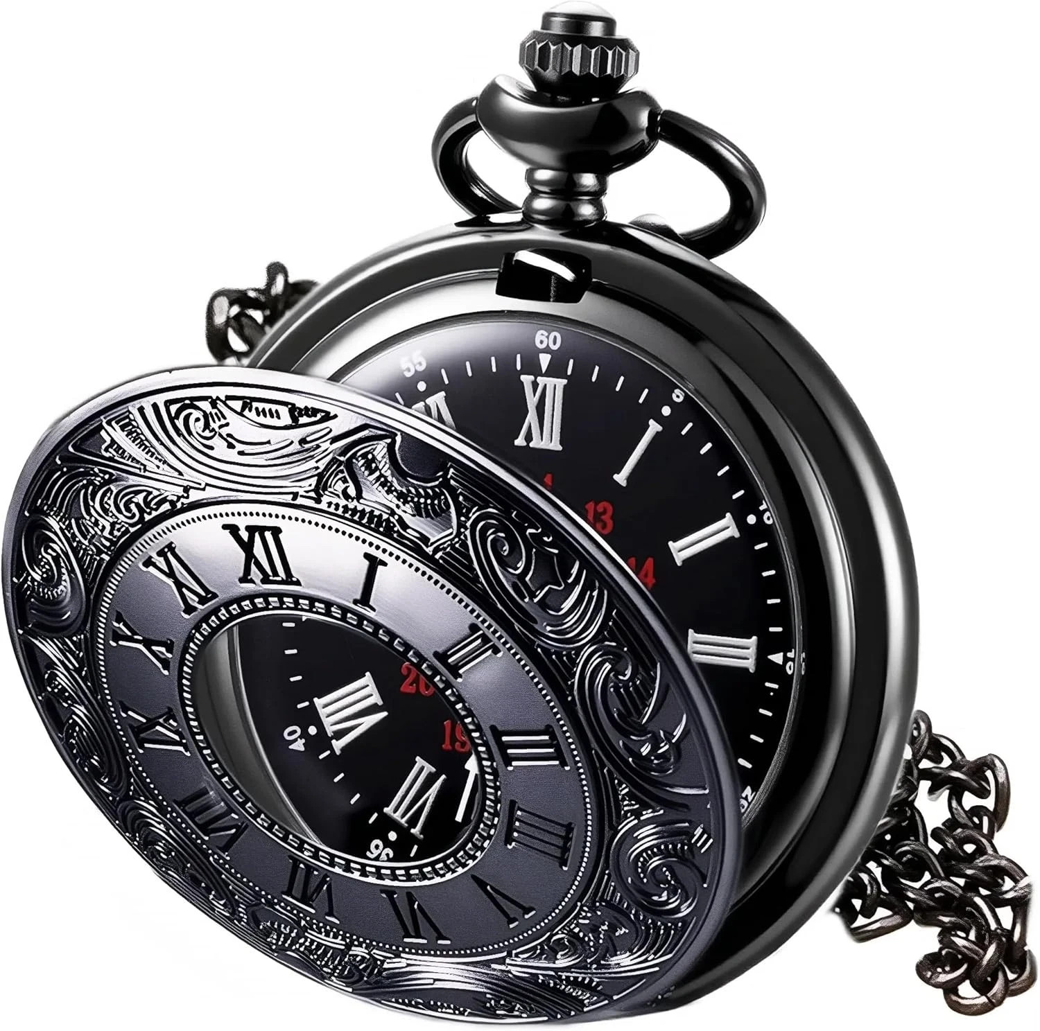 Vintage Pocket Watch for Men Roman Numerals Scale Quartz Pocket Watches with Cha