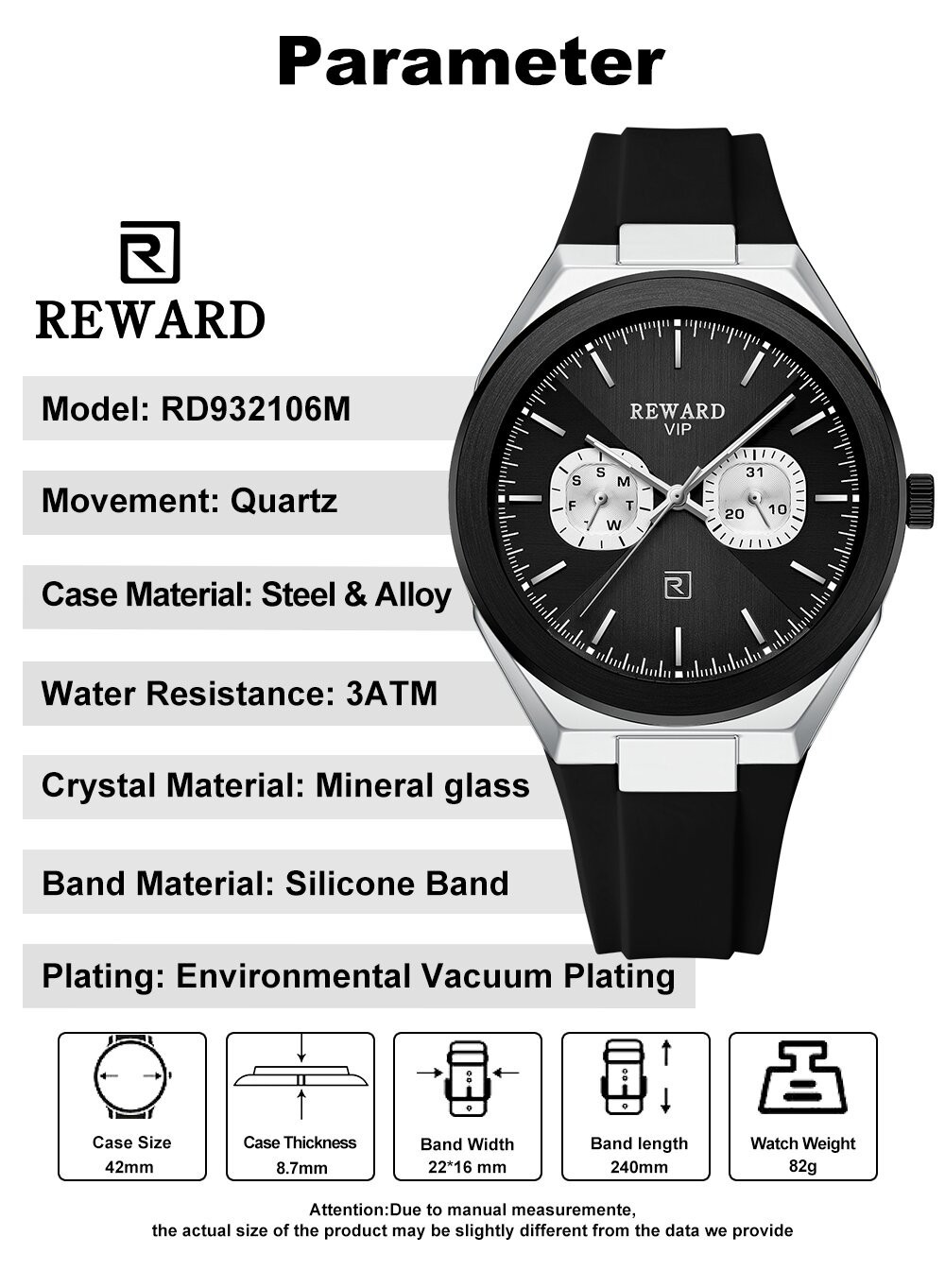 REWARD Men’s Business Week Luminous Multifunction Calendar Couple Quartz Watch