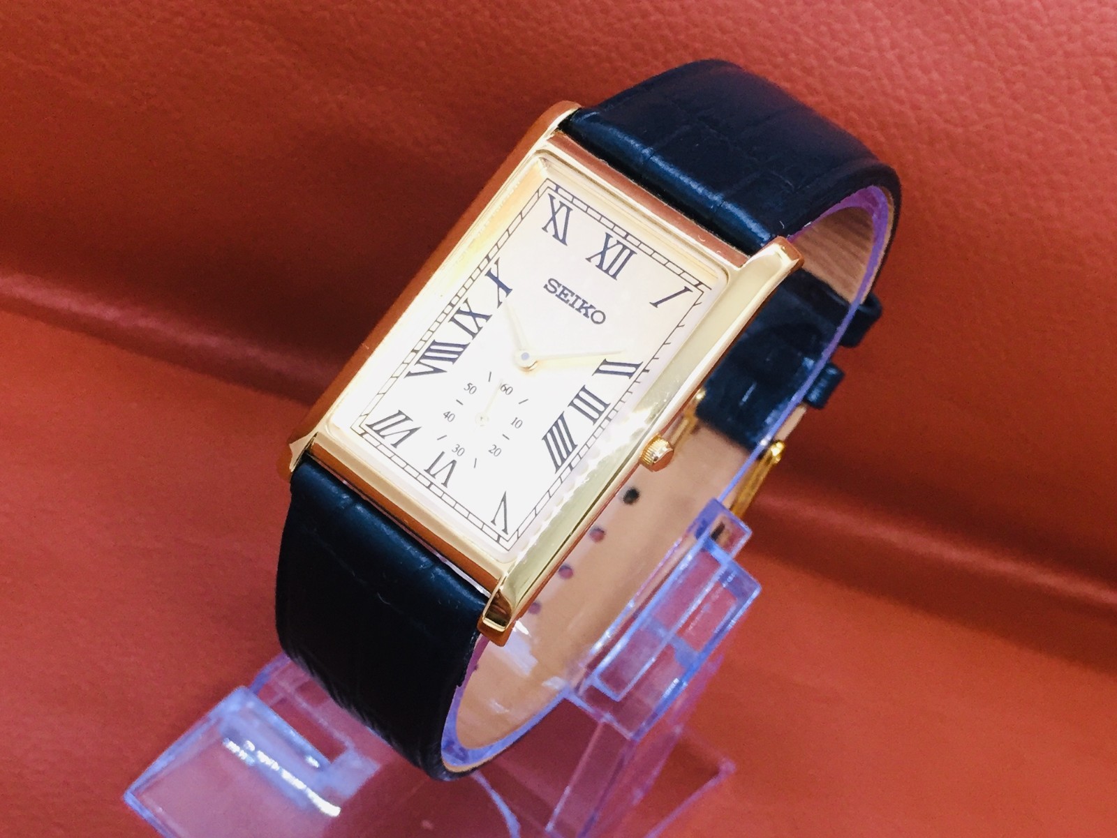 Vintage Seiko Tank Side Second Golden Roman Dial Black Leather Band Wrist Watch