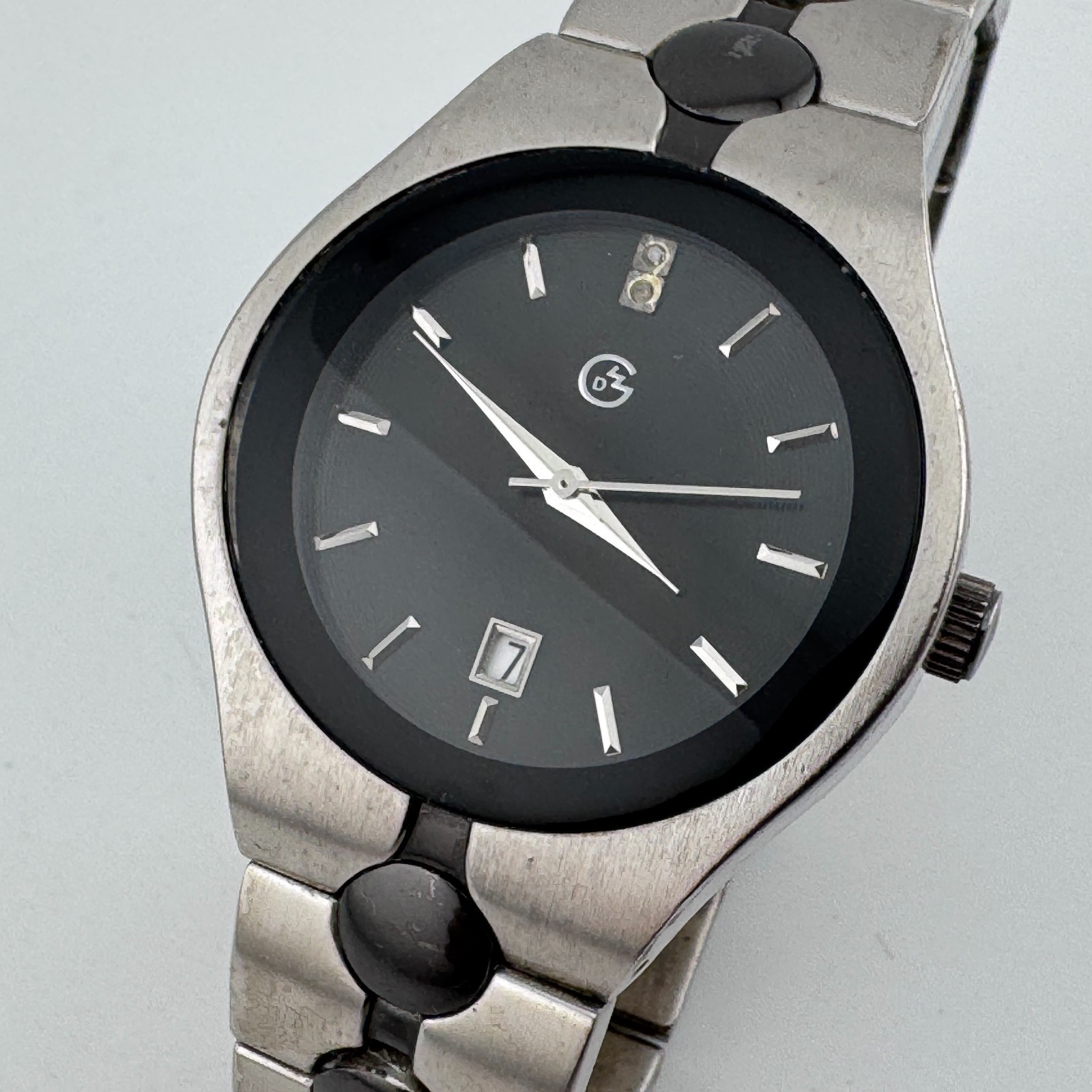 VTG George Quartz Watch Men 30m Silver Black Diamond Date Japan New Battery 8.5″