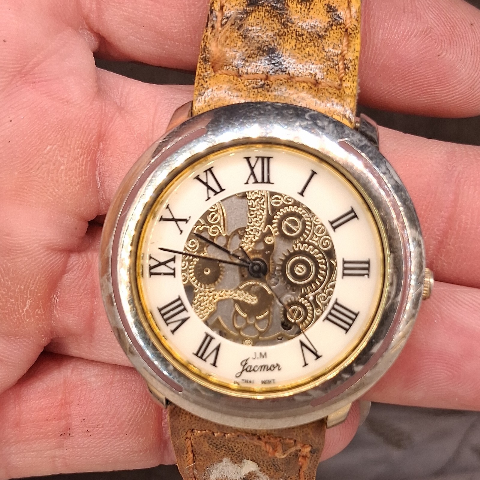 Jacmor J.M. Quartz Analog Skeleton Roman Dial Brown Leather Strap Watch