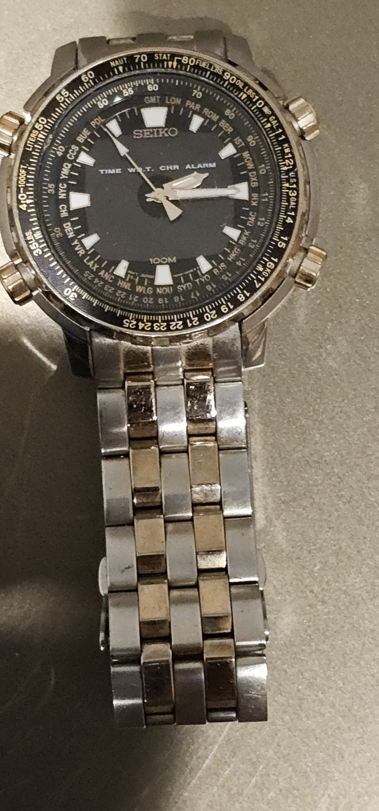 Seiko Sky World Timer PROFESSIONAL 100M Quartz 45mm H023-00G0 Men’s Watch Rare
