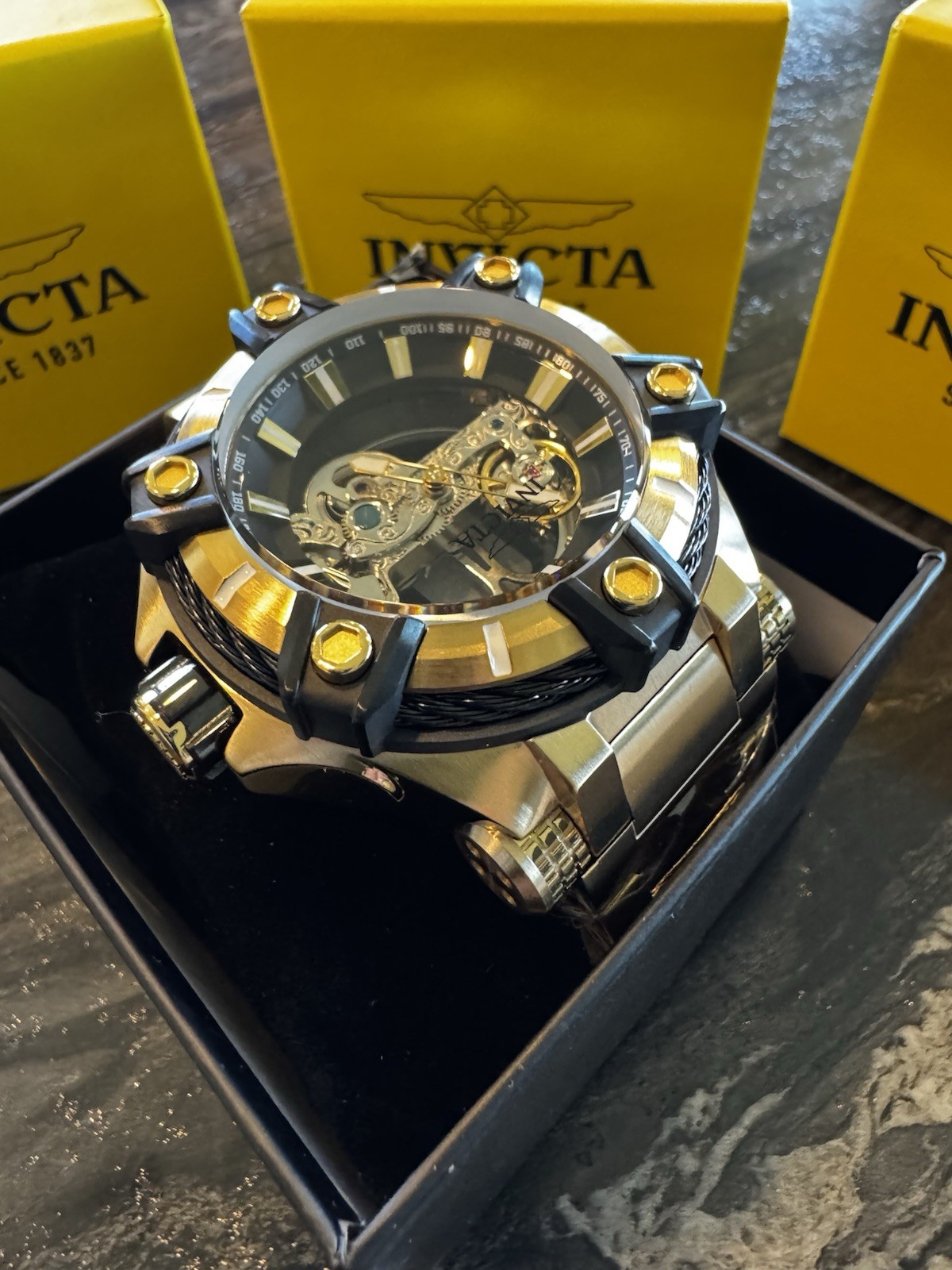 Invicta Bolt Phantom Automatic Men’s Watch w/ Skeleton Dial 52mm Gold/Black New!