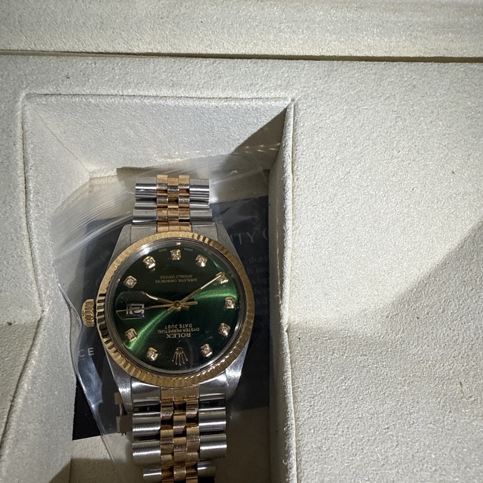 Rolex Datejust 36mm Yellow Gold Fluted Green Diamond Dial Jubilee Watch