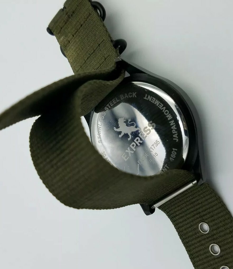 Express FMDEX1735 Mens Dark Green Fabric Adjustable Band 30meters Watch #136