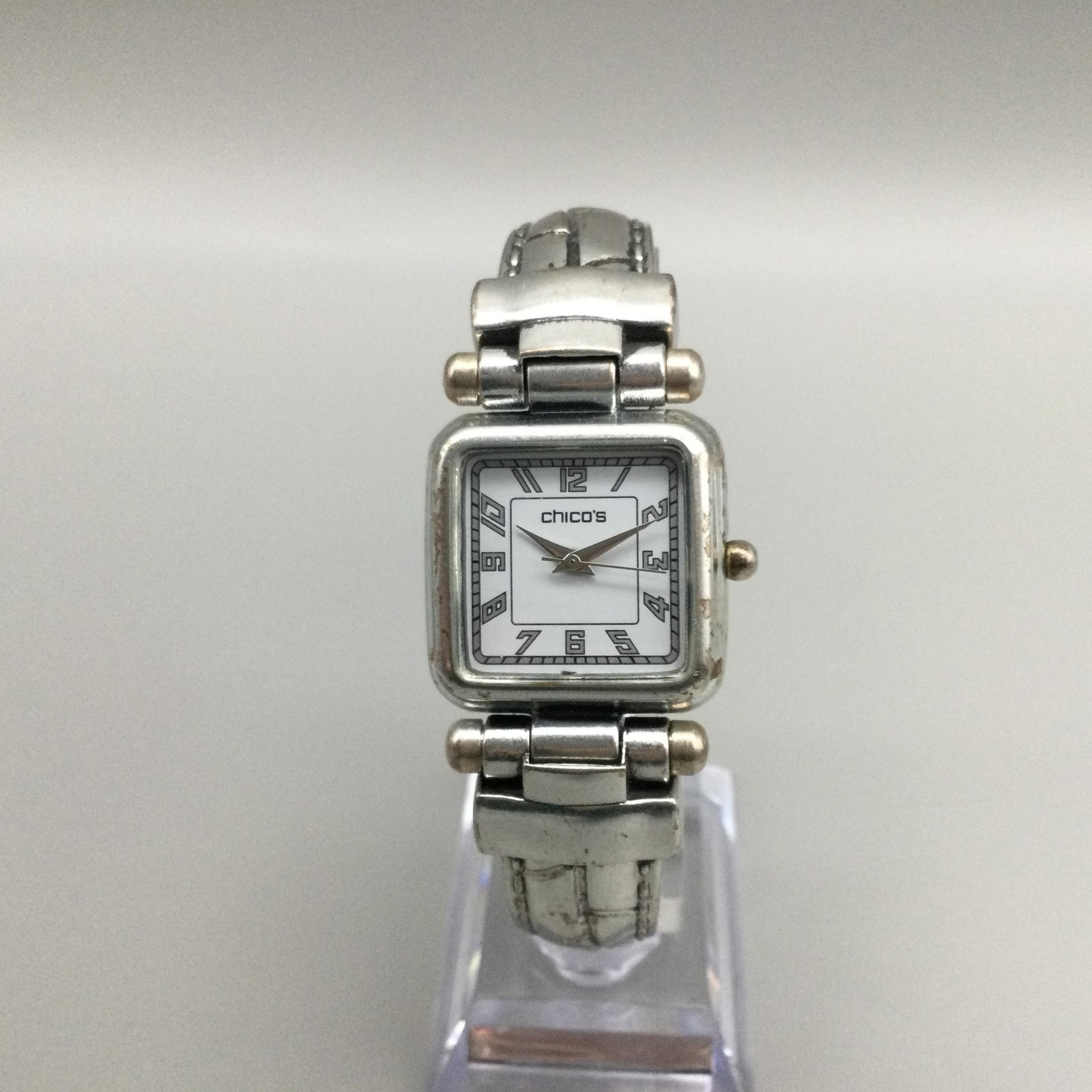 Chicos Womens Watch 25mm White Square Dial Silver Tone Cuff Band New Battery