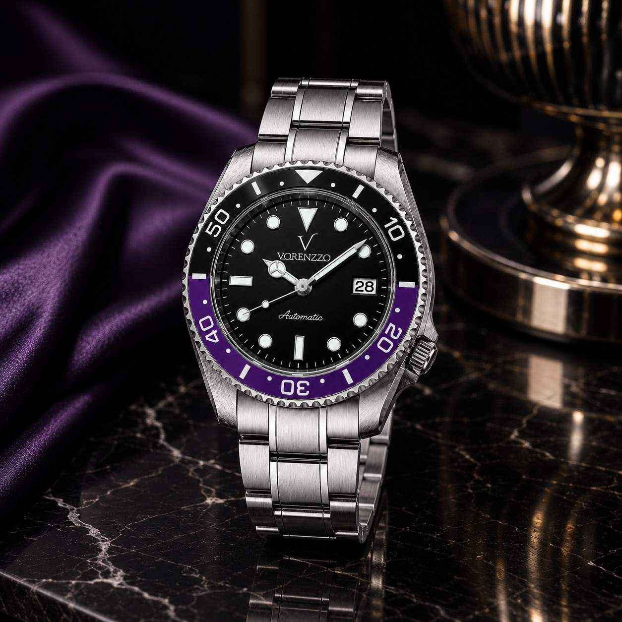 VORENZZO Automatic Diver Watch Sapphire Crystal Black Dial Blue Bezel