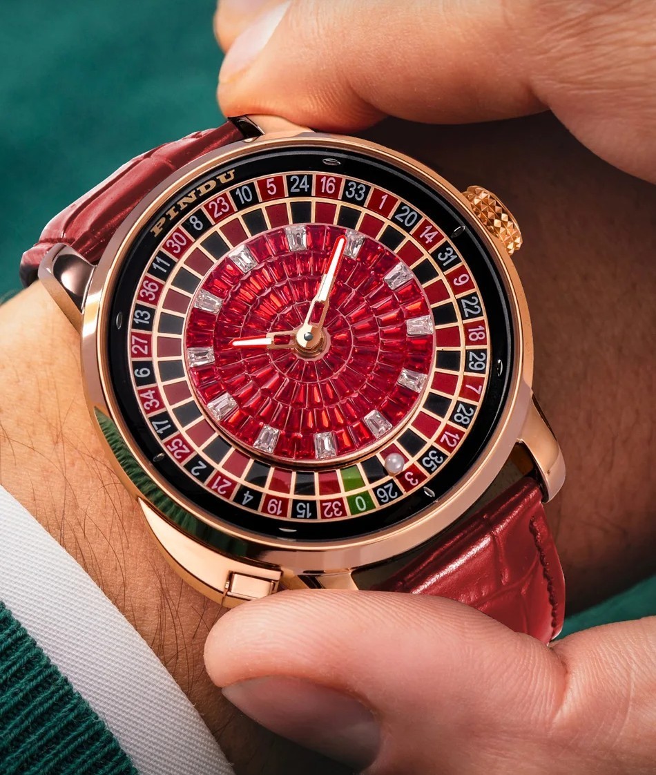 PINDU Men’s Automatic Watch 46mm Casino Roulette Leather Strap Dress Watch