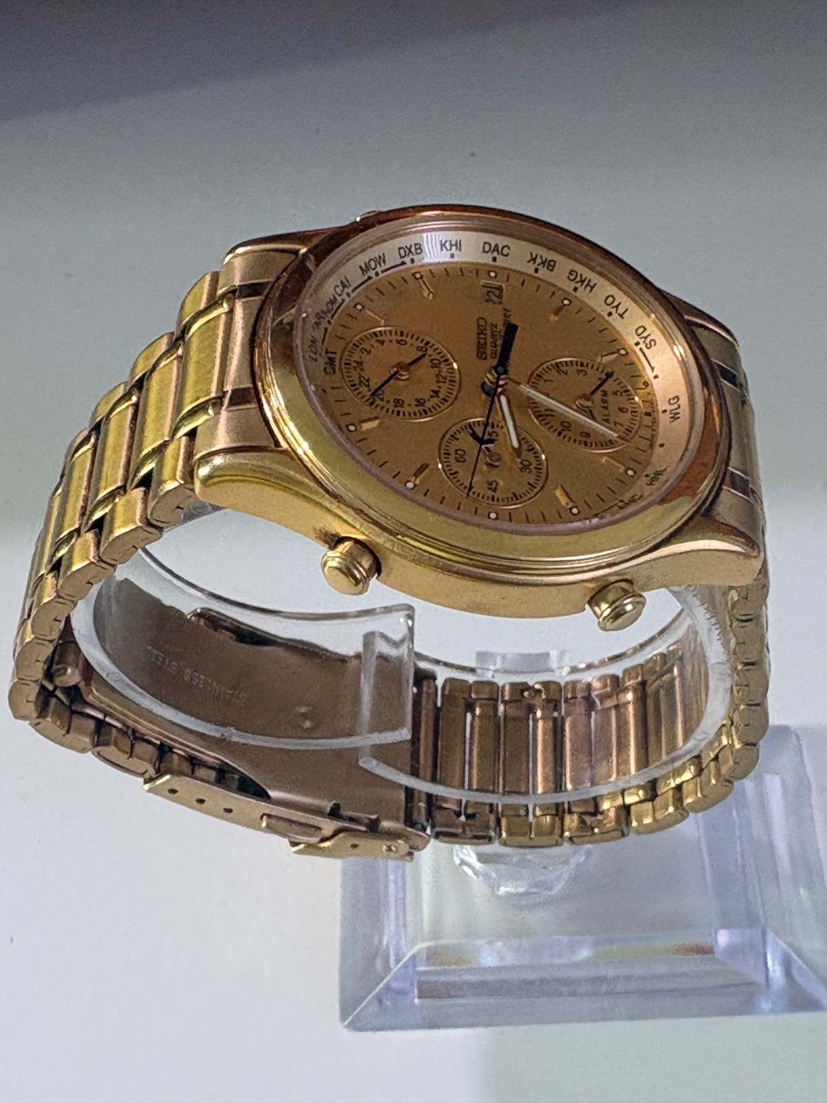 VINTAGE SEIKO WORLD TIMER 5T52-6A29 DUAL TIME ALARM GOLD TONE QUARTZ MENS WATCH