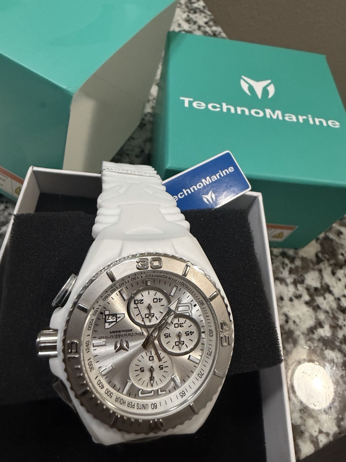 TechnoMarine Cruise Quartz Chronograph Date 45mm 200m White Strap Silver Dial