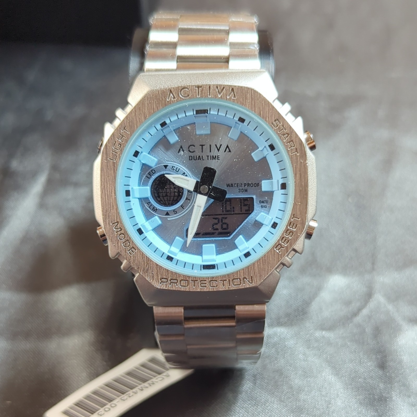 Activa Dual Time Quartz Sport Wristwatch Silver Blue Analog Digital Metal Band