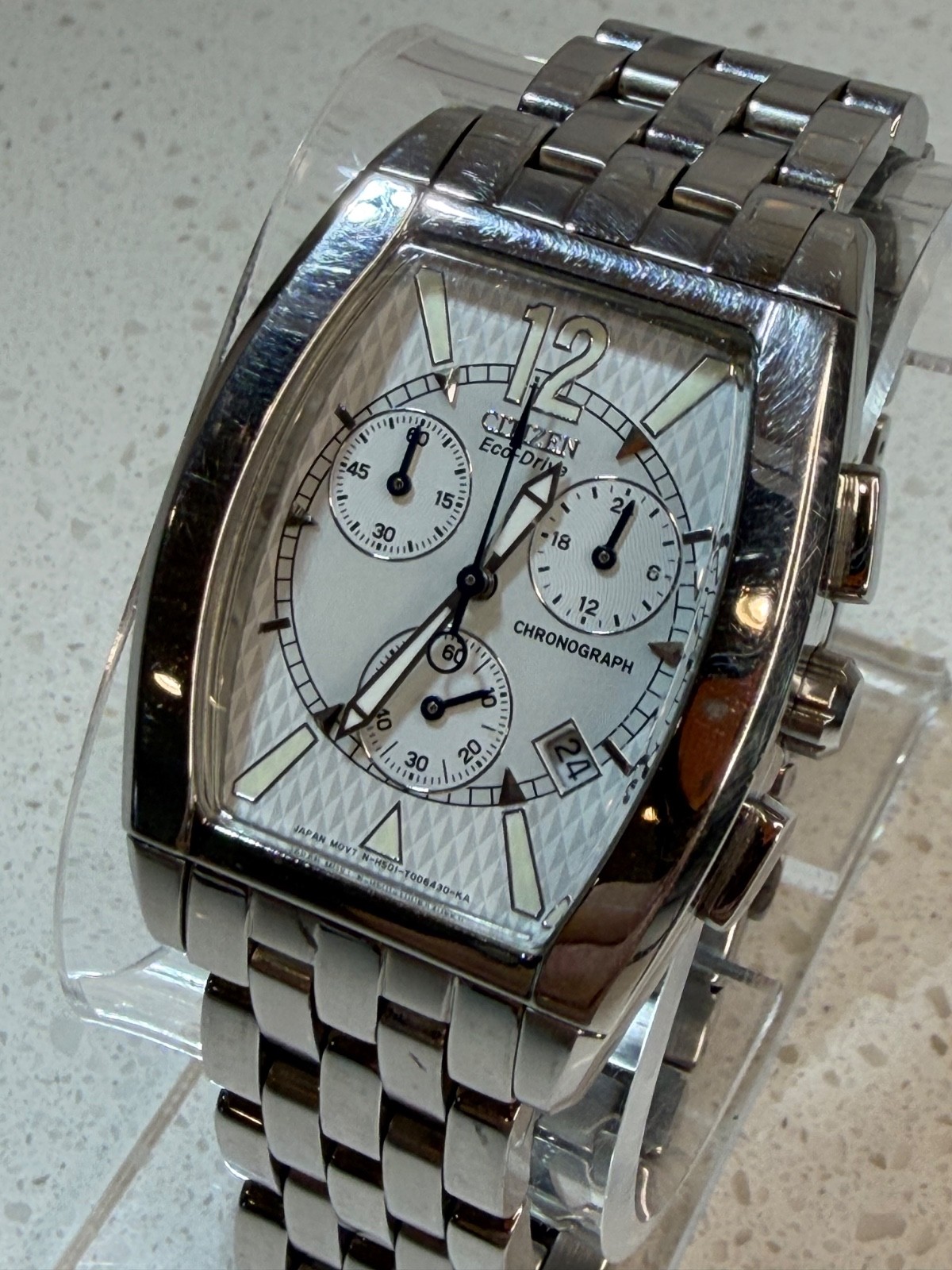 Citizen Eco-Drive Tonneau Chronograph Stainless Steel Men’s Watch – H501-S008336