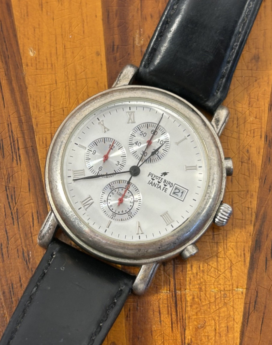 Peyote Bird Santa Fe Watch Men Chronograph Sterling Silver Case 38mm New Battery