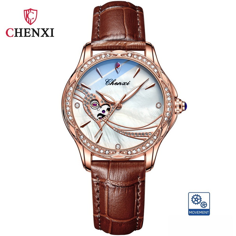 CHENXI Women Leather Hollow Out Luminous Waterproof Automatic Mechanical Watch