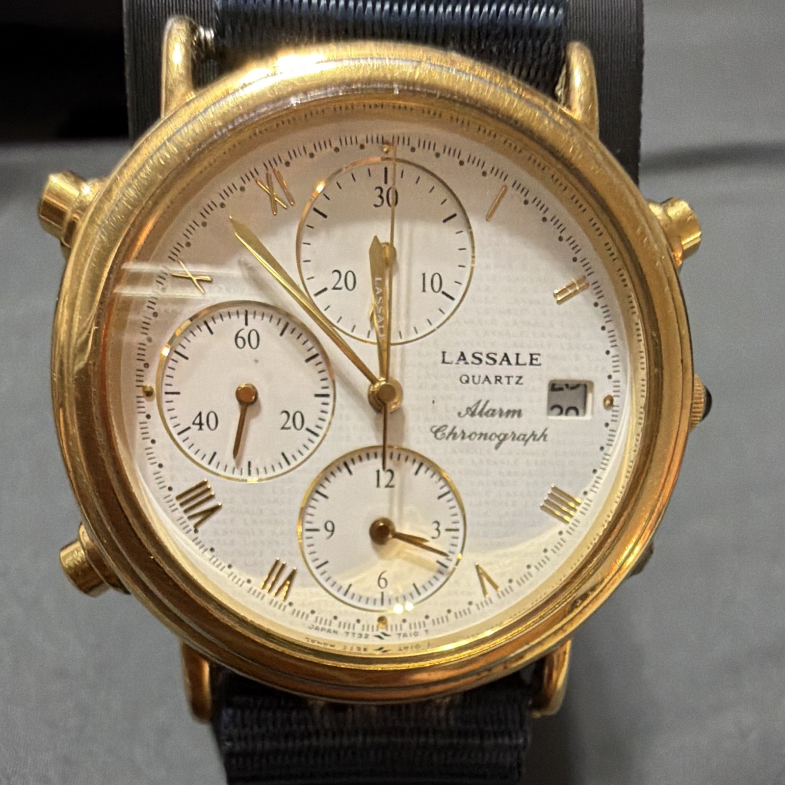 Lassale Quartz Alarm Chronograph Date Gold Tone White Roman Dial Blue Strap