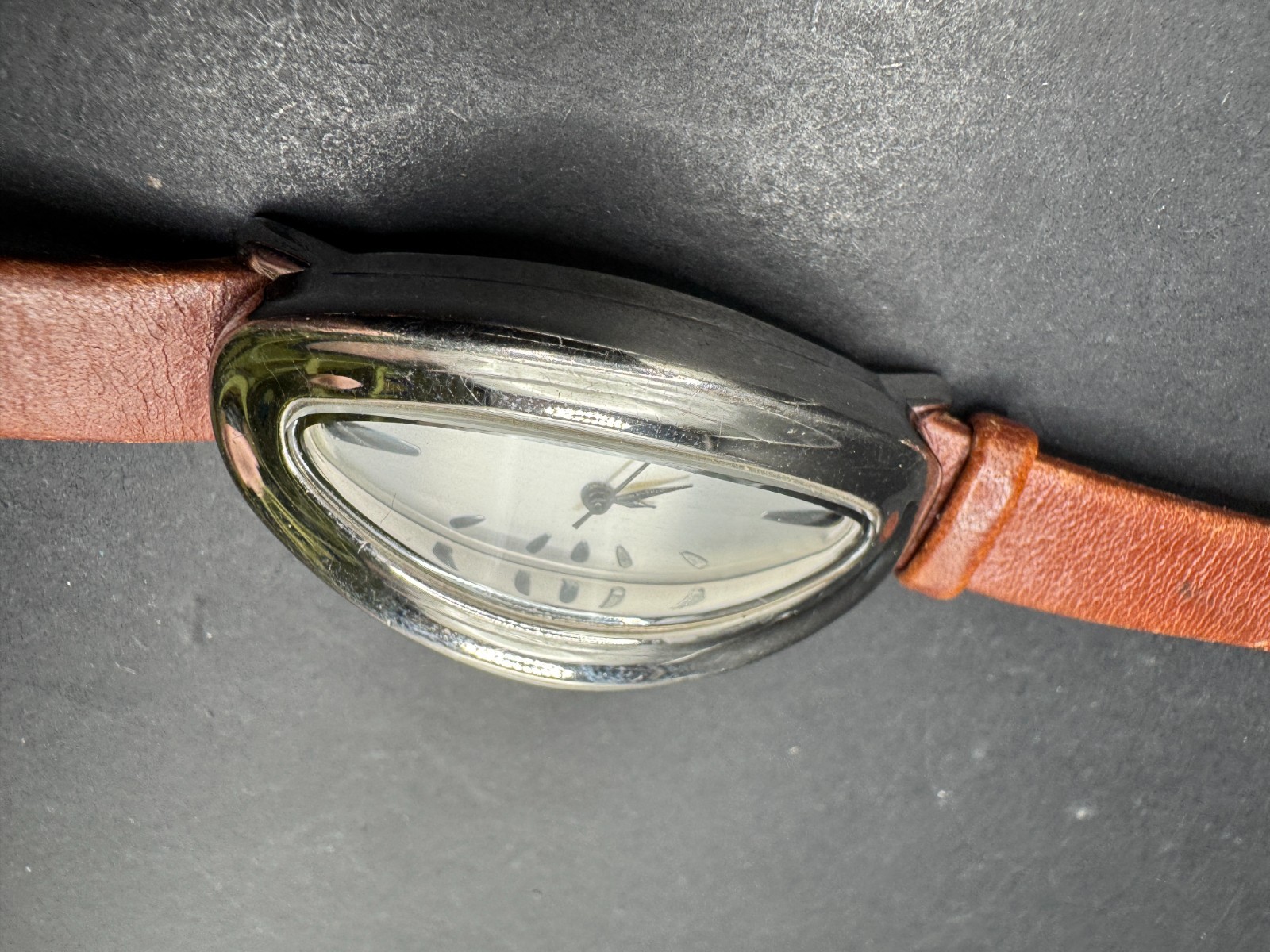 Robert Lee Morris Studio 925 Sterling Silver Modernist Oval Watch Brown Band