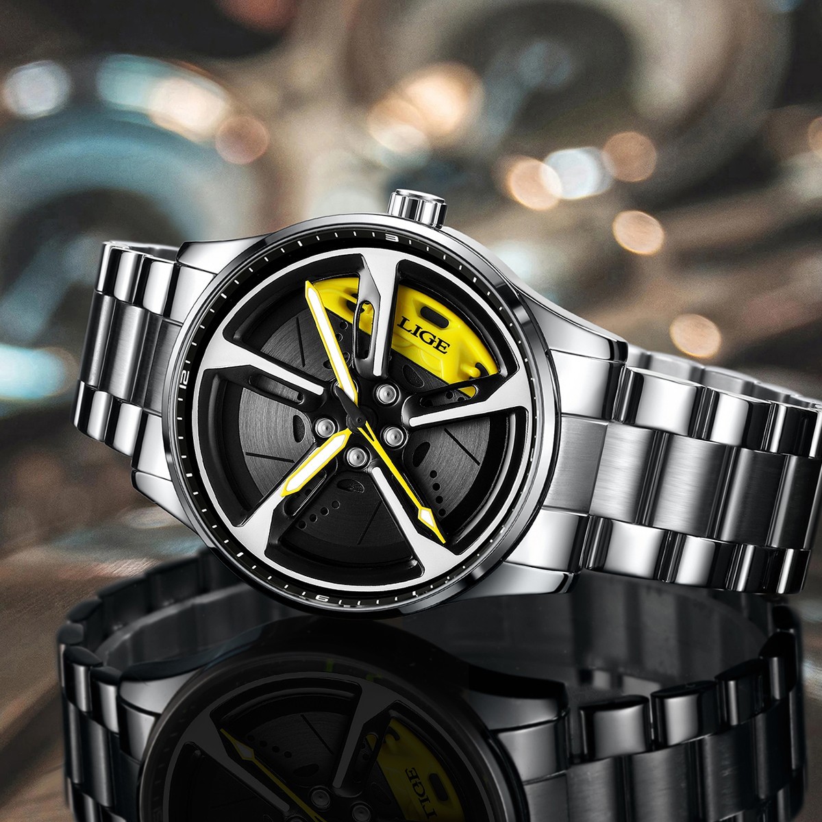 Mens Casual Watch Skeleton Wheel Dial Luminous Waterproof Steel Male Wristwatch