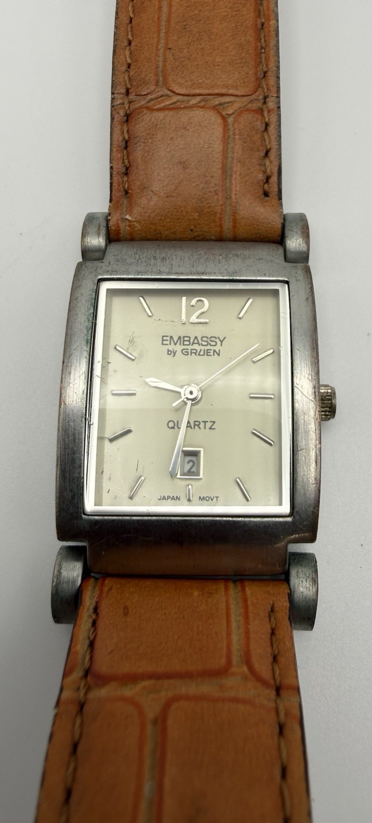 Gruen Embassy Quartz Silver Dial Silver Rectangular Case Date Brown Leather