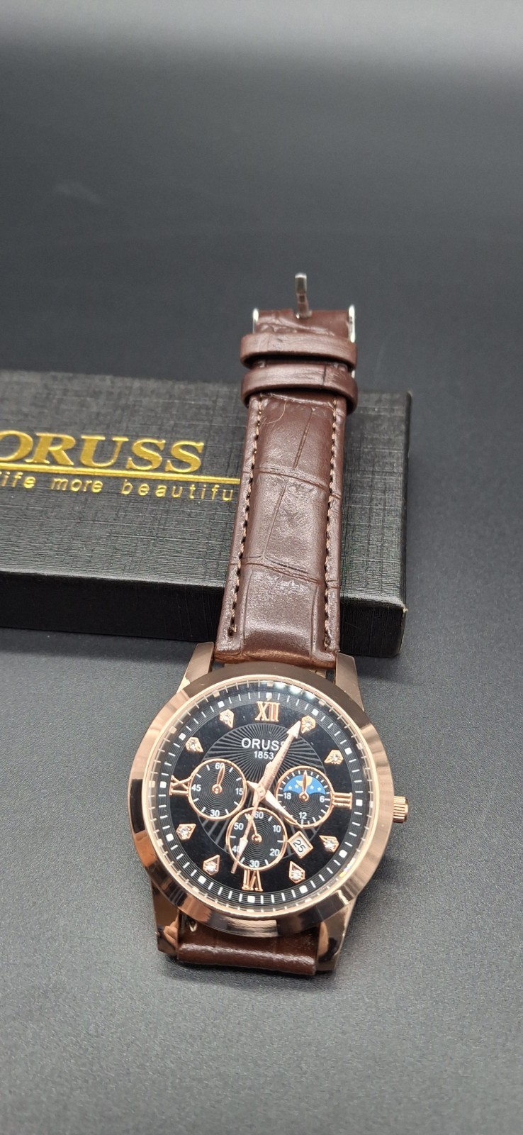 New Oruss 1853 Brown Dial Roman Numeral Face Brown Leather Casual Men’s Watch