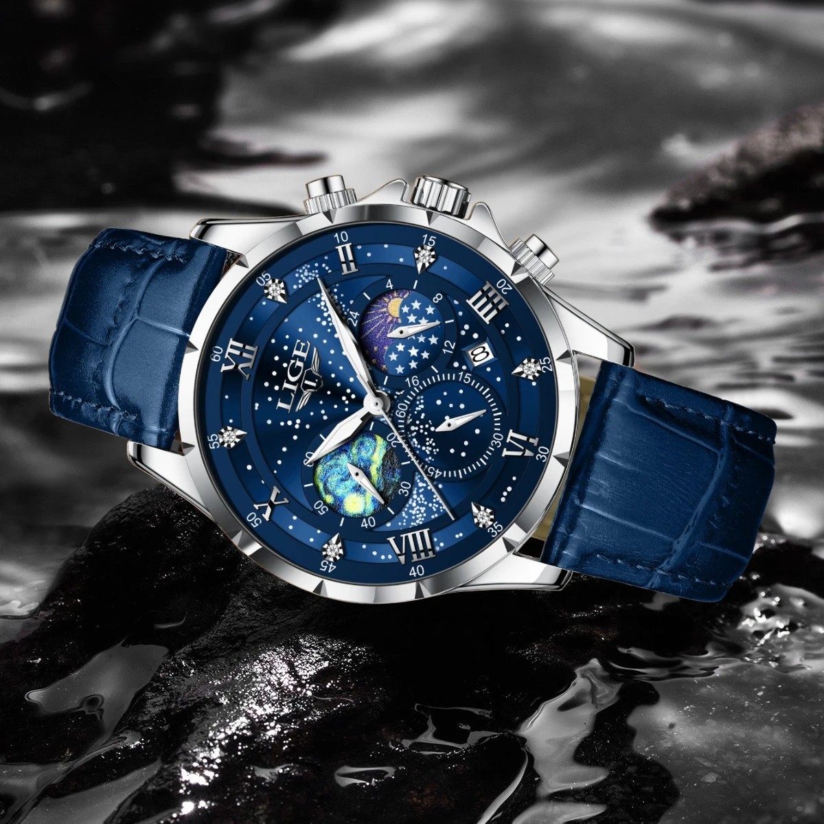 LIGE Luxury Quartz Men’s Watch Leather Strap Date Waterproof Luminous Wristwatch