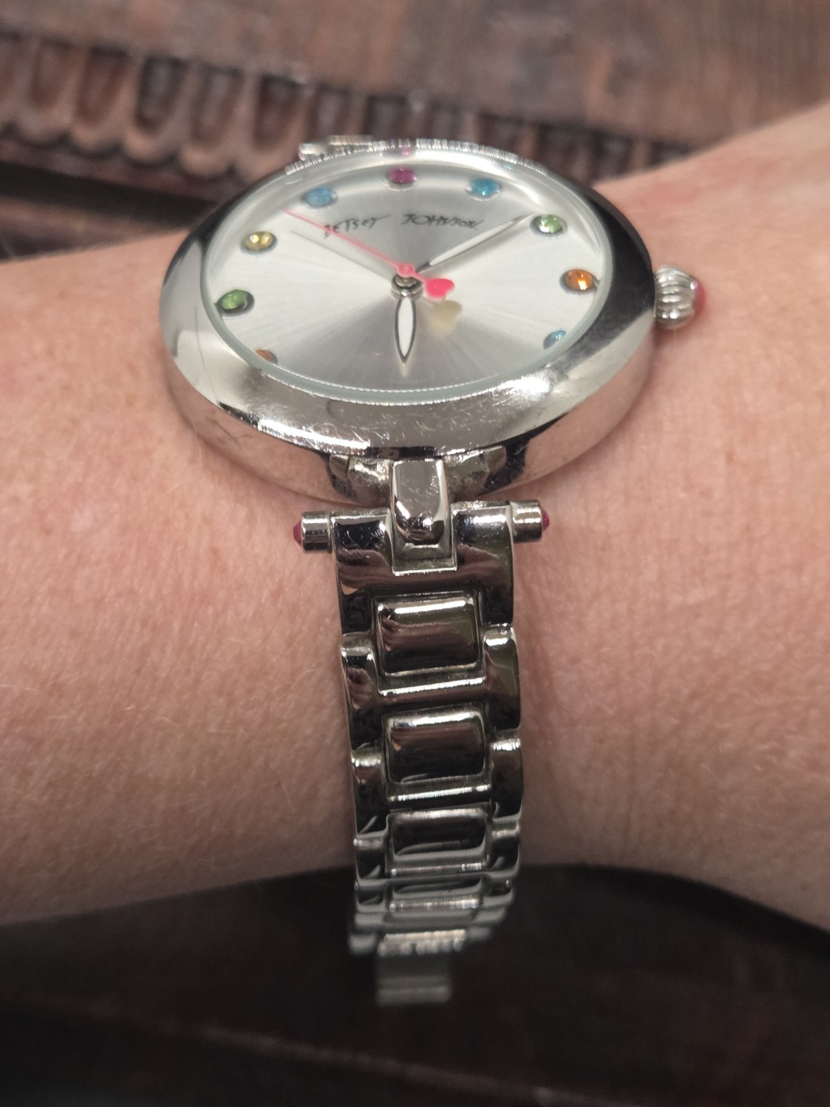 DESIGNER BETSEY JOHNSON BJ00285-01 Wristwatch WATCH Silver Tone Colorful Details