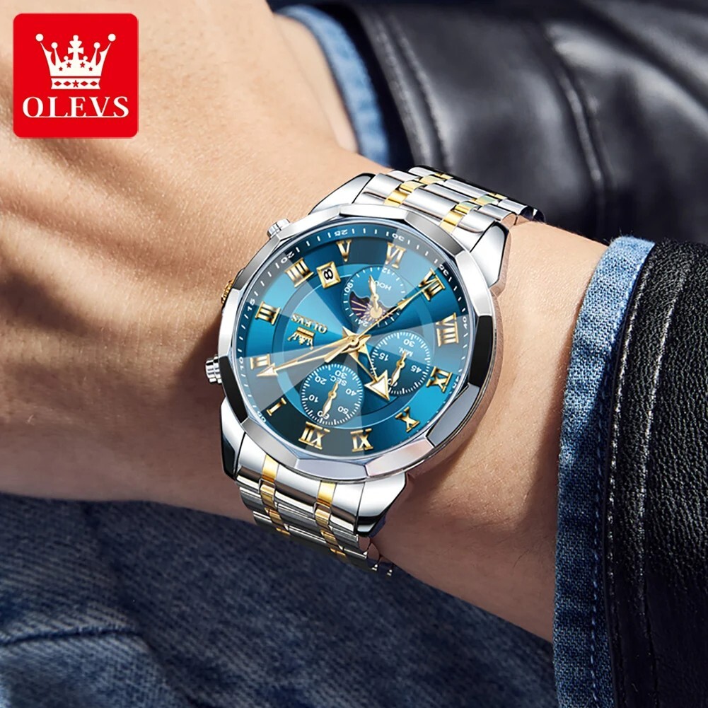 OLEVS Waterproof Watch Men’s Quartz Luminous Luxury Steel Stainless Men Strap